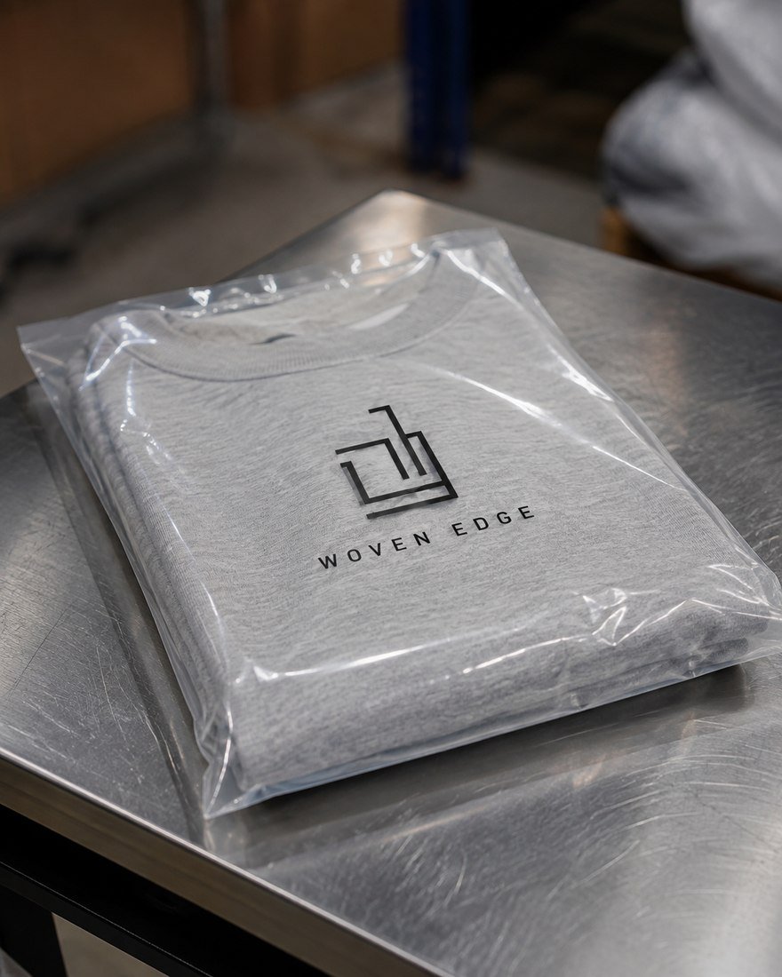 Folded, poly-bagged t-shirt printed with a private-label brand mark