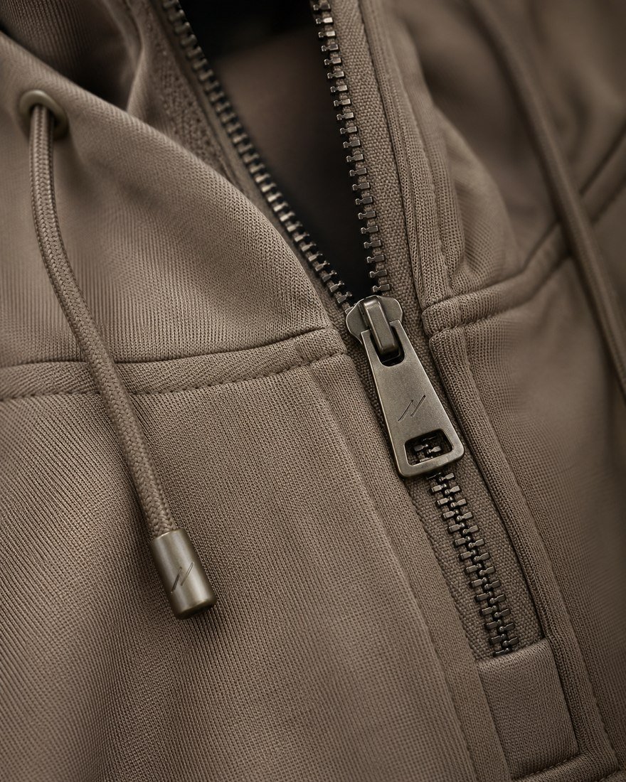 Close-up of a zipper pull and drawcord toggle with a custom engraved mark