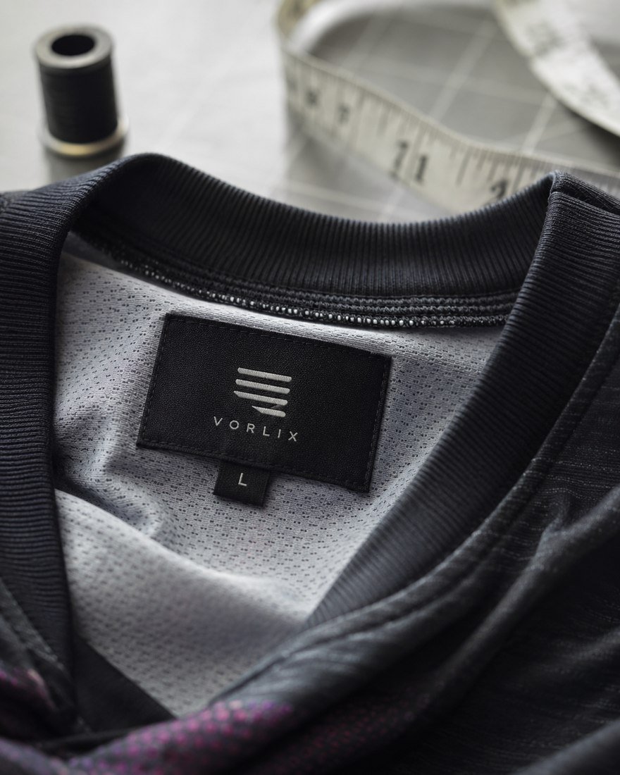 Custom neck label with a spool of thread and tailor's tape measure