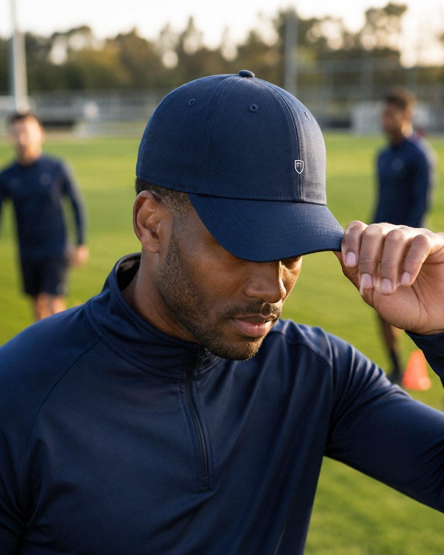 Close-up of a navy cap with embroidered crest