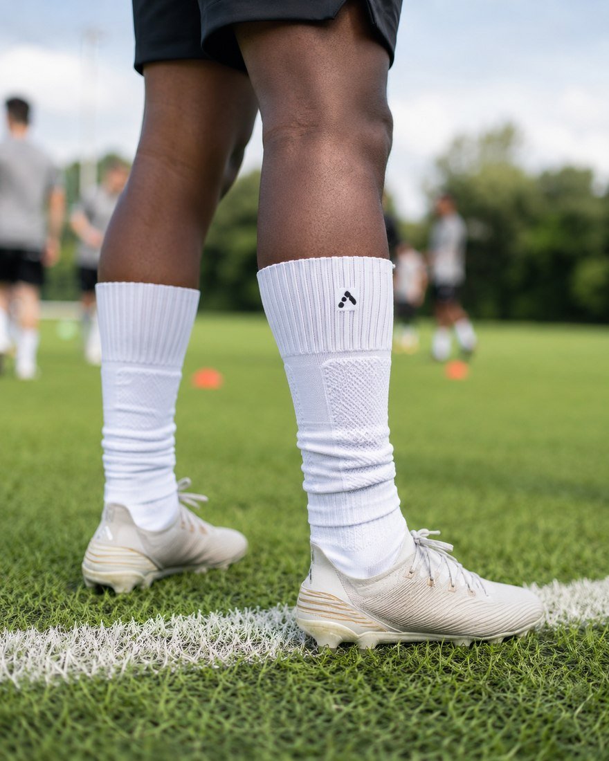 Close-up of white performance socks with a logo detail