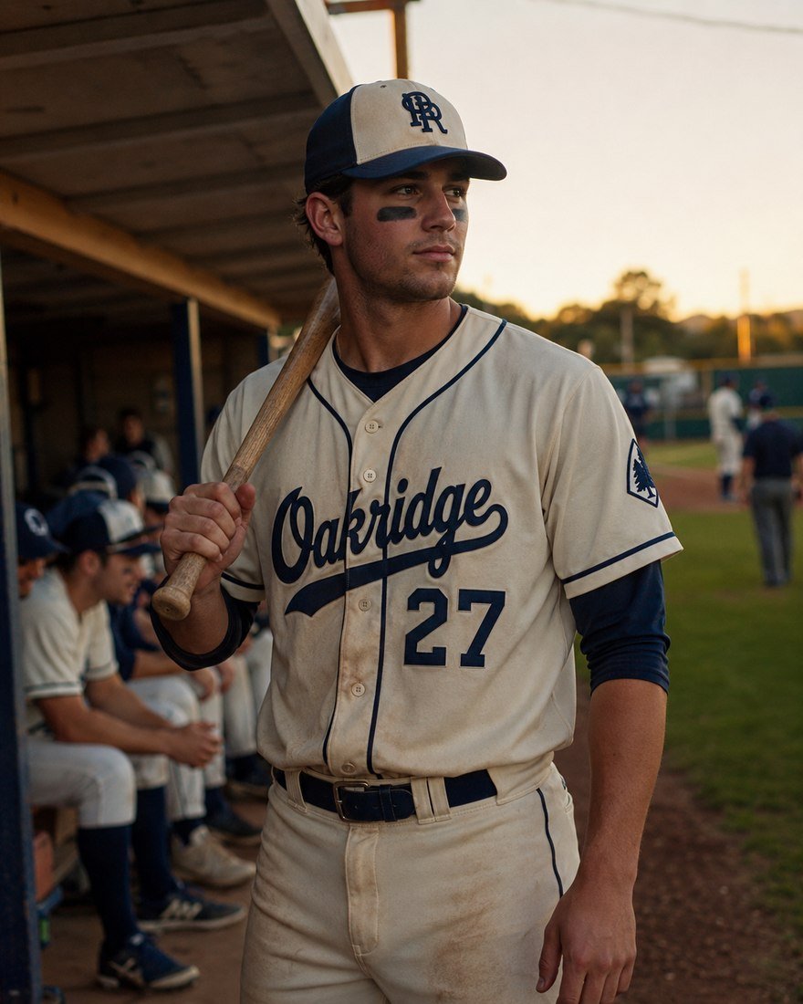 Baseball player holding a bat in the dugout at dusk