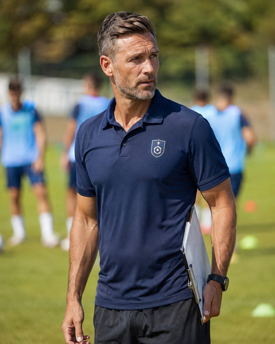 Coach in a navy polo shirt with embroidered crest holding a tactics board