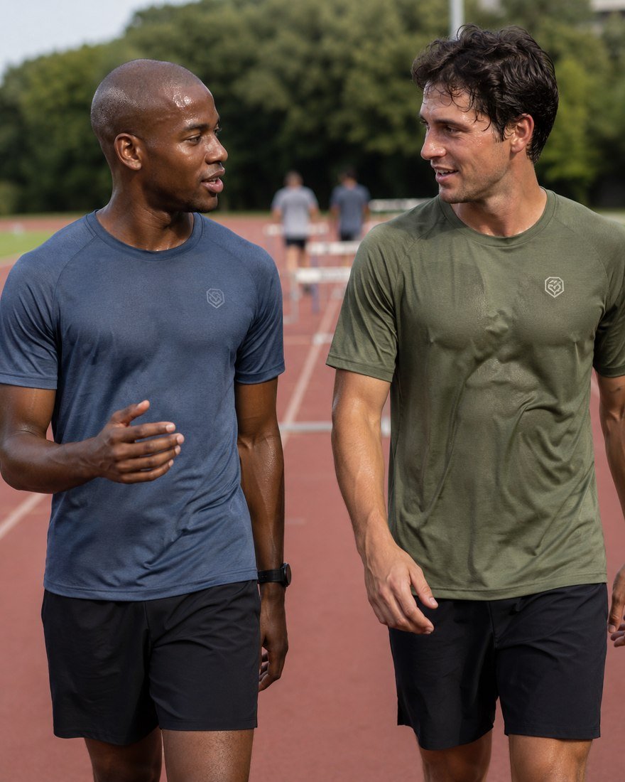 Two runners talking on a track in blue and olive training tees