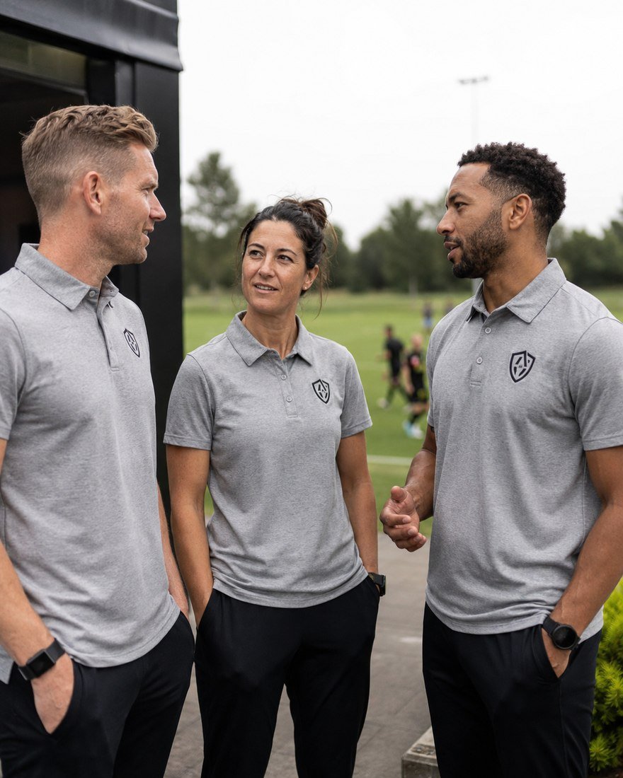 Three coaching staff in matching grey polo shirts talking together