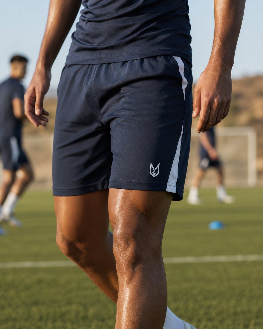 Football player in navy shorts with a white side stripe