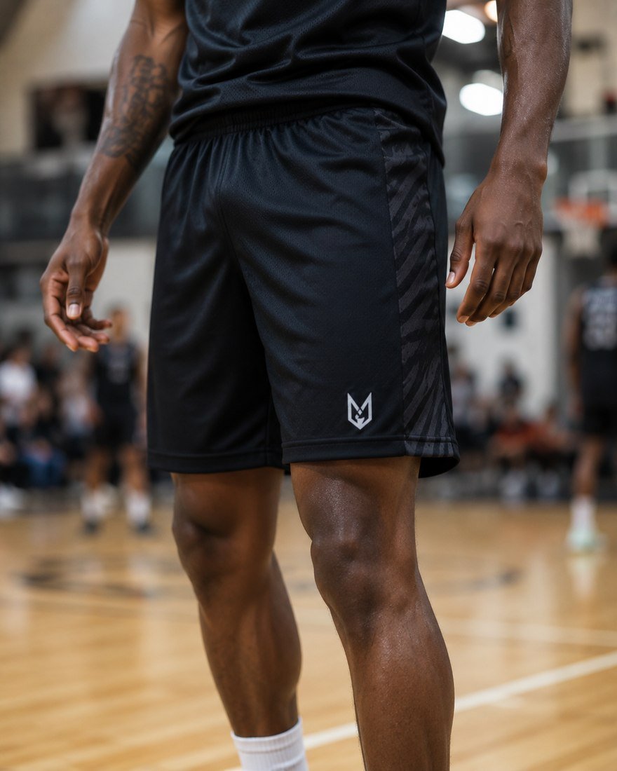 Basketball player in black shorts with a side stripe