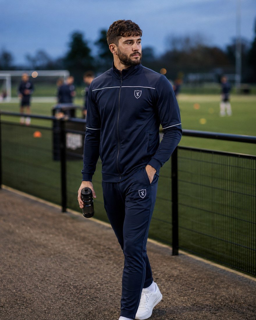 Athlete in a navy tracksuit walking pitch-side