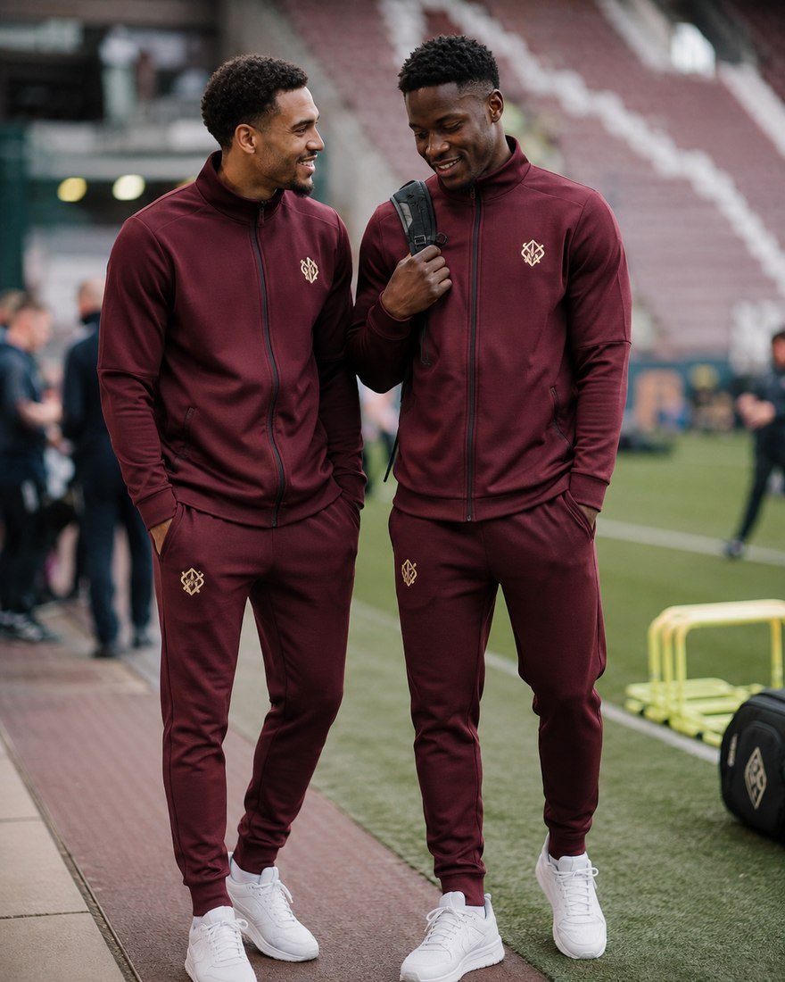Two teammates laughing in matching maroon tracksuits at the stadium